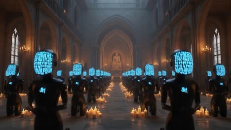 a surreal scene of robotic figures in a grand gothic hall, illuminated by candles, evoking themes of artificial intelligence, spirituality, and modern worship