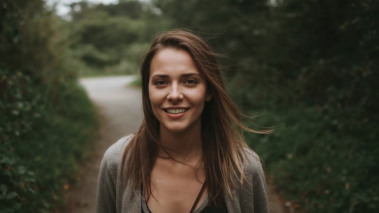 Gående kvinde, iført grå cardigan, tager et skridt og bevæger sig mod linsen langs en parksti, smilende.