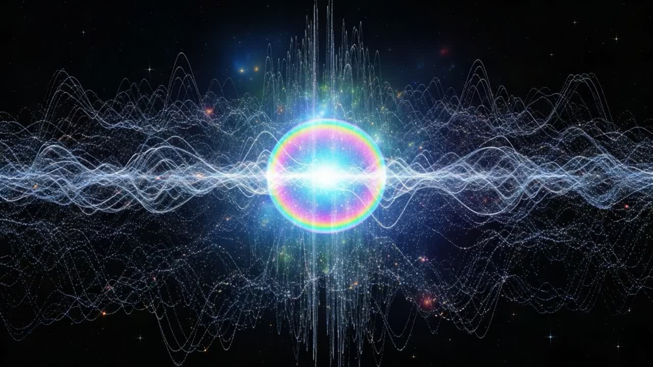 A Stunning Visualization of Cosmic Energy Waves and Vibrations, Depicting a Colorful Burst at the Core Surrounded by Pulsating Waveforms in a Galactic Background