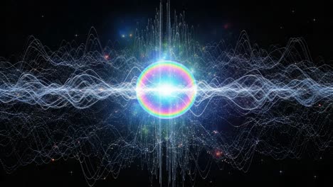 a stunning visualization of cosmic energy waves and vibrations, depicting a colorful burst at the core surrounded by pulsating waveforms in a galactic background