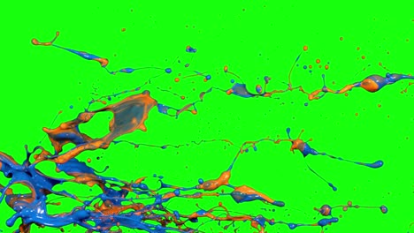 pintura naranja y azul salpicando de ambos lados en cámara lenta aislado en el fondo de la pantalla verde 4k, elemento de video