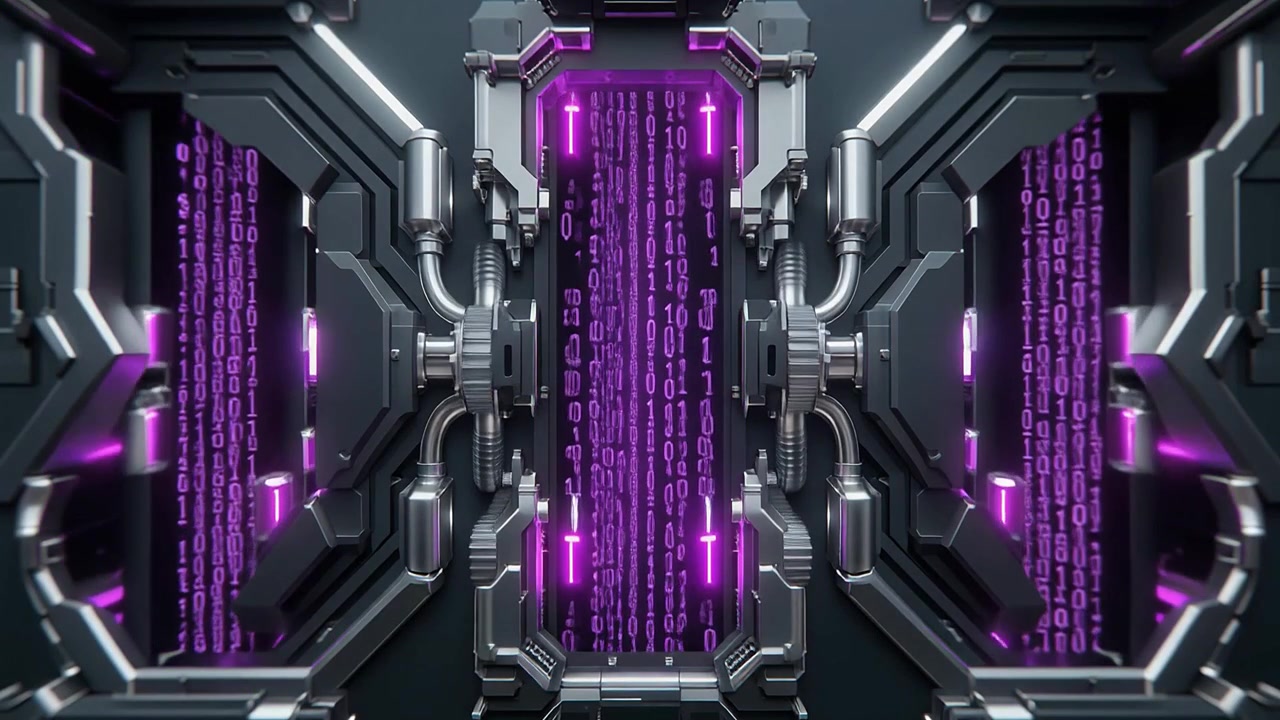 Dati Digitali che Scorrono in un Server Futuristico con Codice Binario Viola Luminoso
