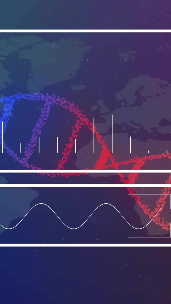 Animazione di un filamento di DNA sopra l'elaborazione dei dati e una mappa del mondo.