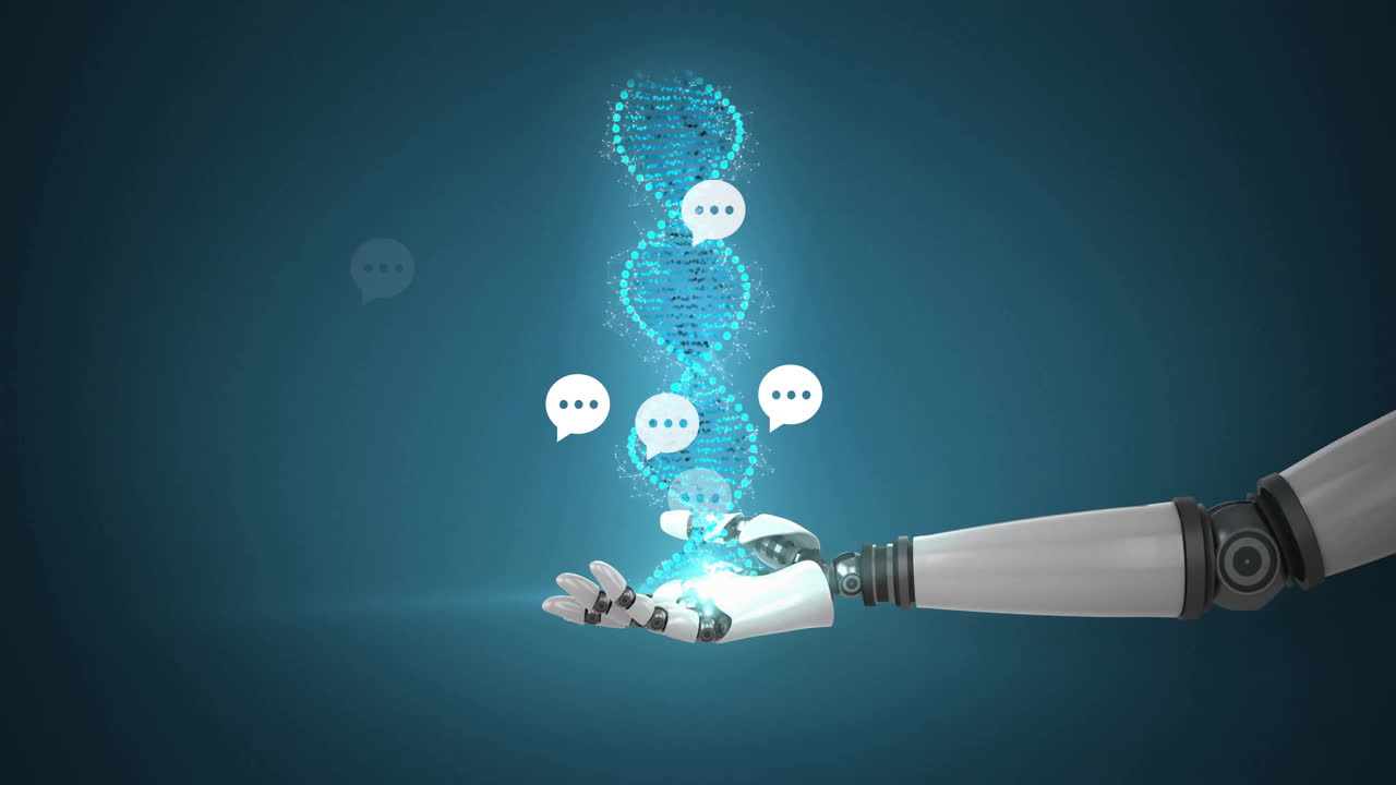 Animation of robotic hand interacting with DNA helix and chat bubbles