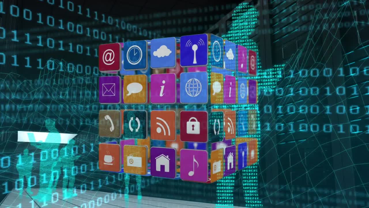 iconos de aplicaciones en línea y para redes sociales en cuadrados con códigos binarios y siluetas.