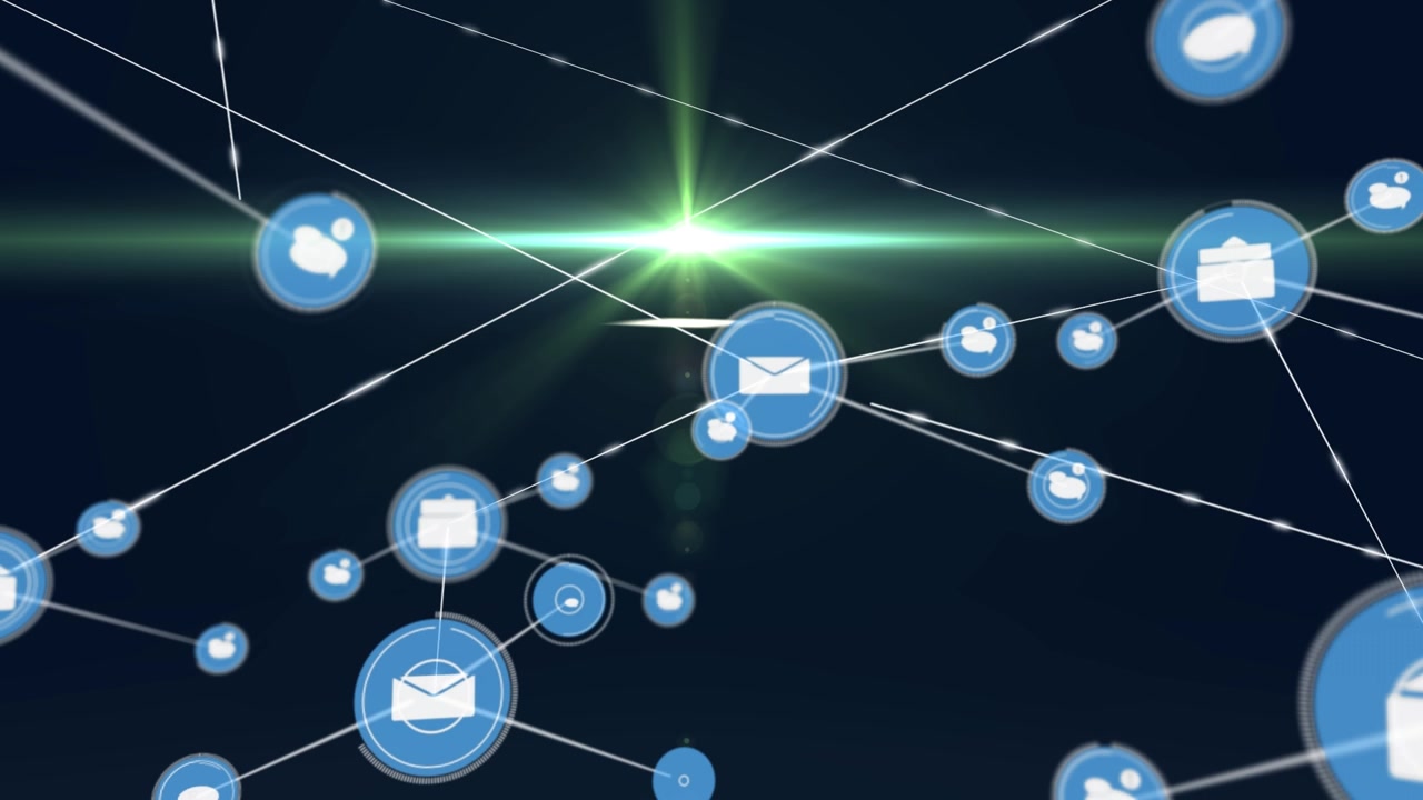 Animation of network of connections with icons over green glowing light on dark background