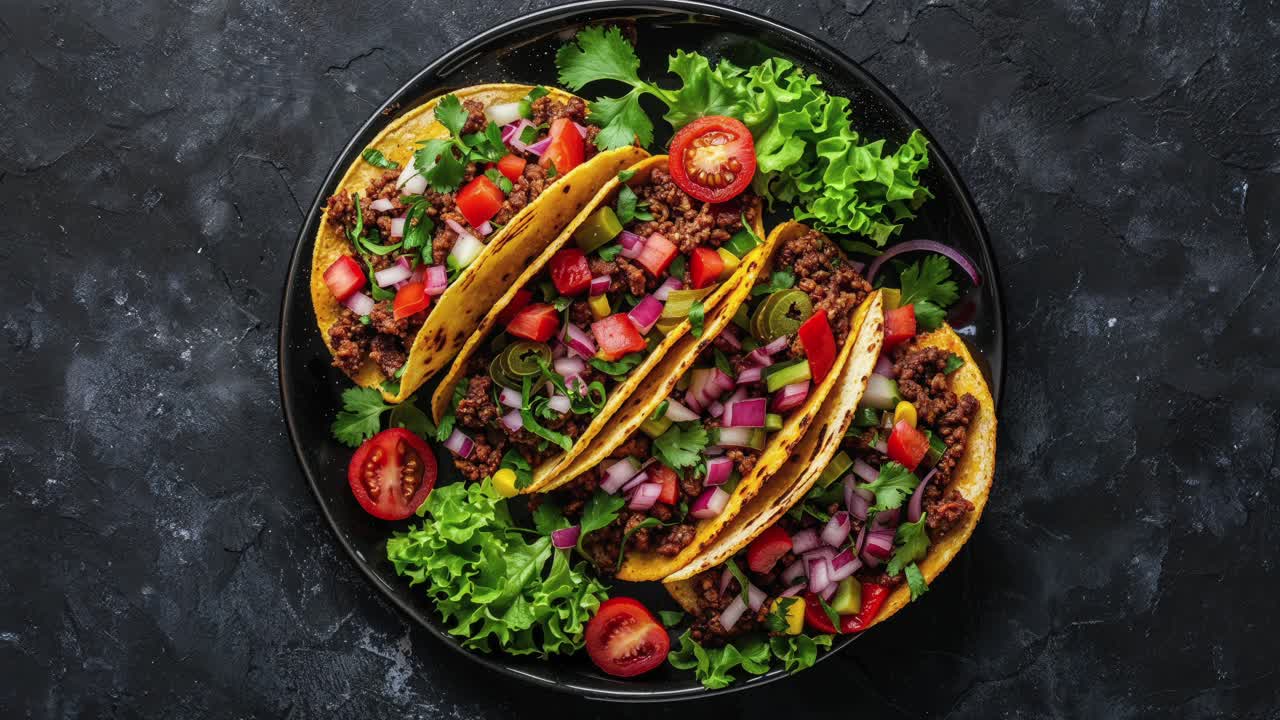 deliciosos tacos de carne molida con lechuga, tomates, cebollas, cilantro y jalapenos