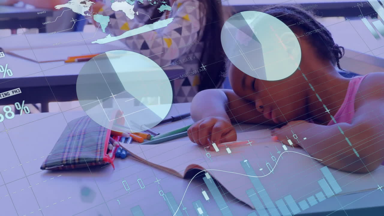 animación de la interfaz infográfica sobre una chica afroamericana cansada durmiendo en el banco en el aula