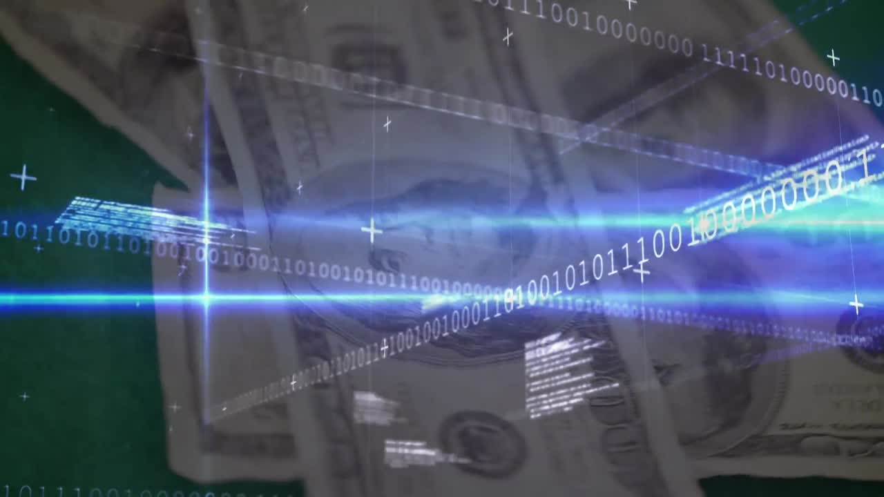 Animation of data processing over american dollar banknotes and casino playing chips