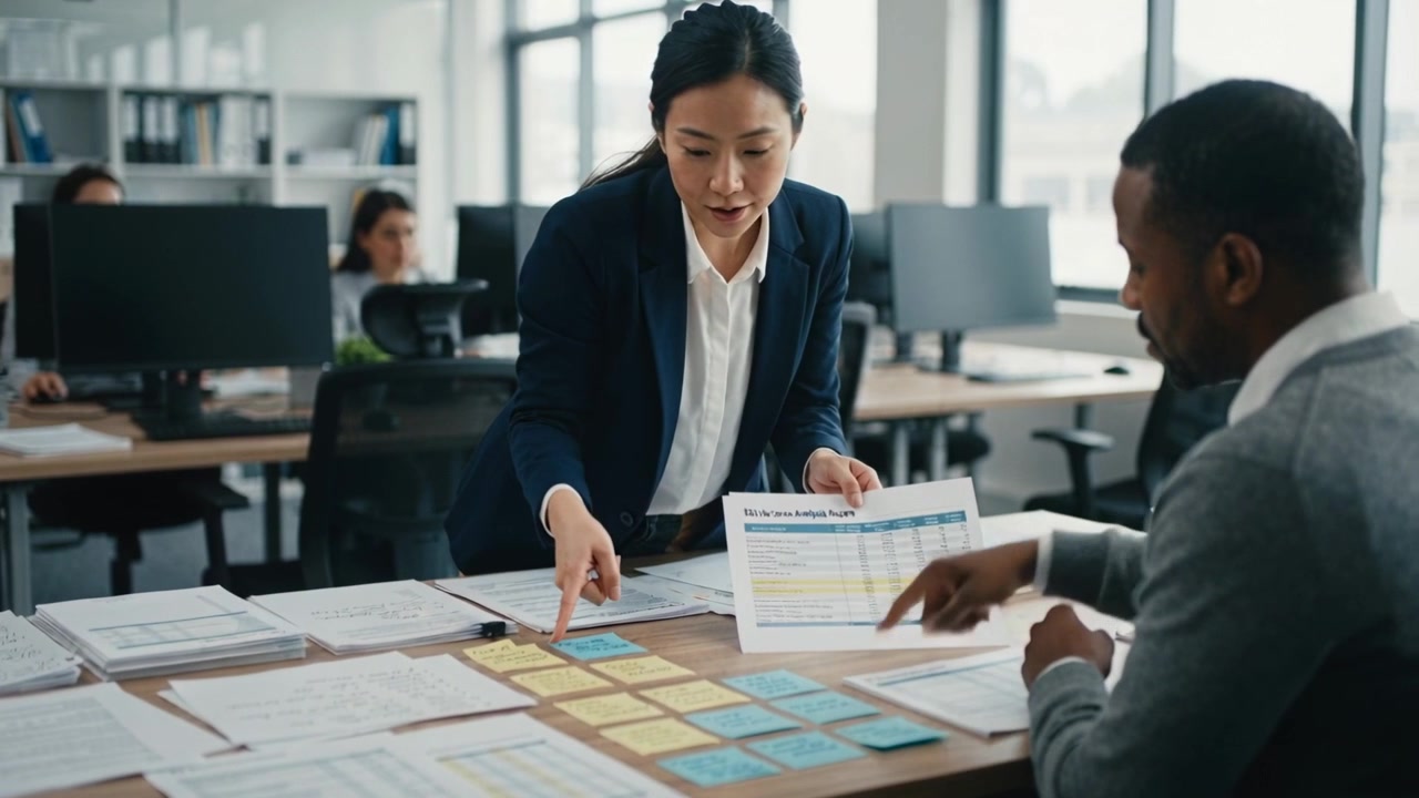 Pointing woman navy blazer leaning guiding man at desk using sticky-notes chart reviewing sheets