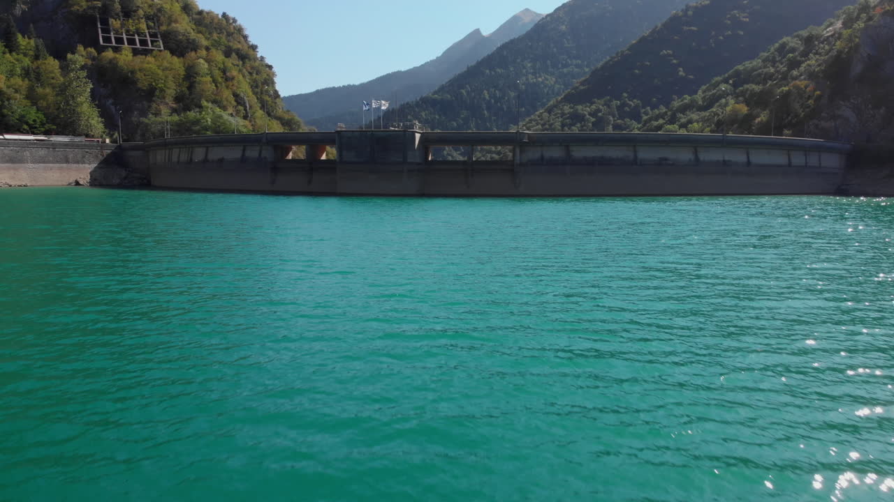 Scenic Aerial View of Plastiras Dam on a Sunny Summer Day in Greece