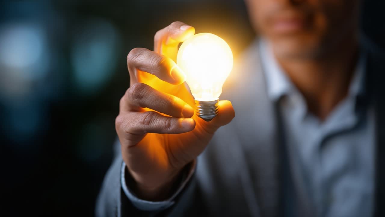 A person holding a glowing light bulb in a dimly lit environment, symbolizing ideas, innovation, creativity, and inspiration with a warm radiant glow