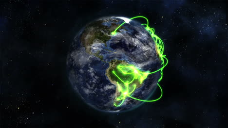 earth rotates with clouds and green links in space, image by nasa.org.