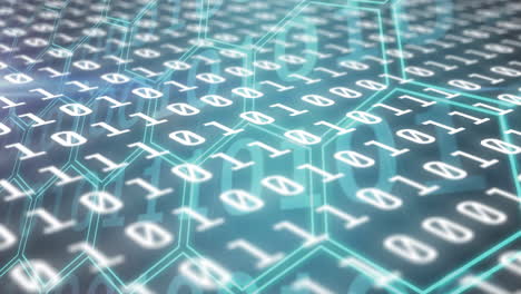 animation of binary coding data processing over network of hexagons