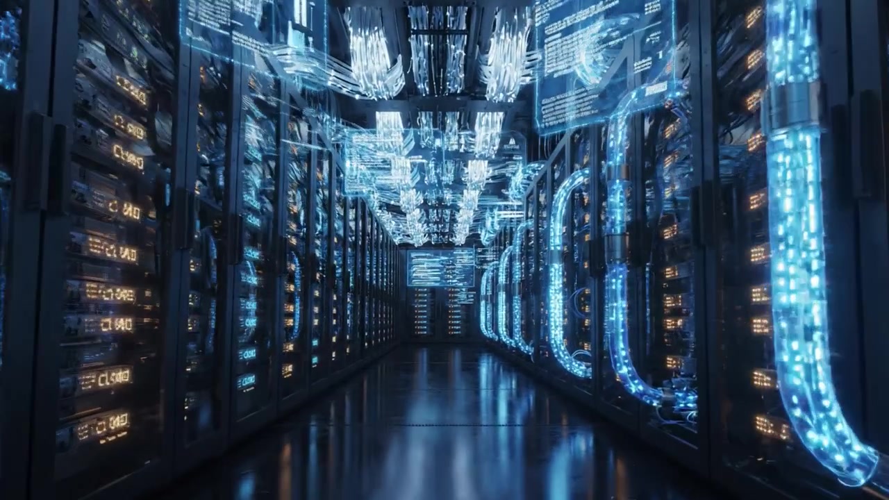 A Stunning View Inside a Modern Data Center, Showcasing Advanced Server Racks with Intricate Networking Cables and LED Lighting, Reflecting Cutting-Edge Technology and Infrastructure