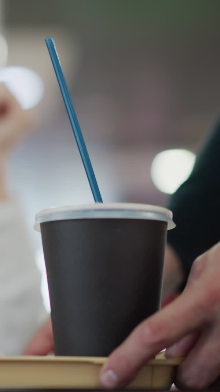 primer plano de una mujer borrosa en el fondo leyendo un libro abierto, desayuno servido en bandeja en primer plano, entorno de restaurante moderno con iluminación suave y bokeh vibrante