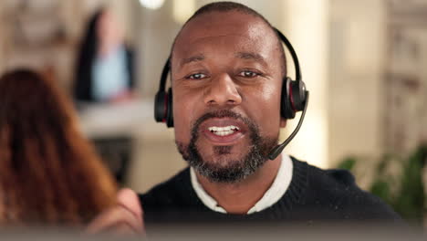 Face,-call-center-and-a-black-man-talking