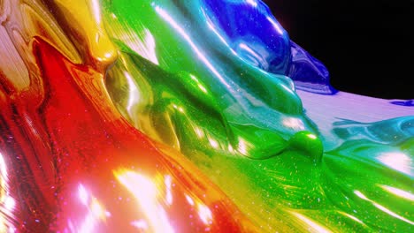 smooth abstract animation of liquid gradient rainbow color in 4k. bright glossy paint surface as abstract looped festive background. glitters on viscous liquid with 3d splashes on surface like drops.