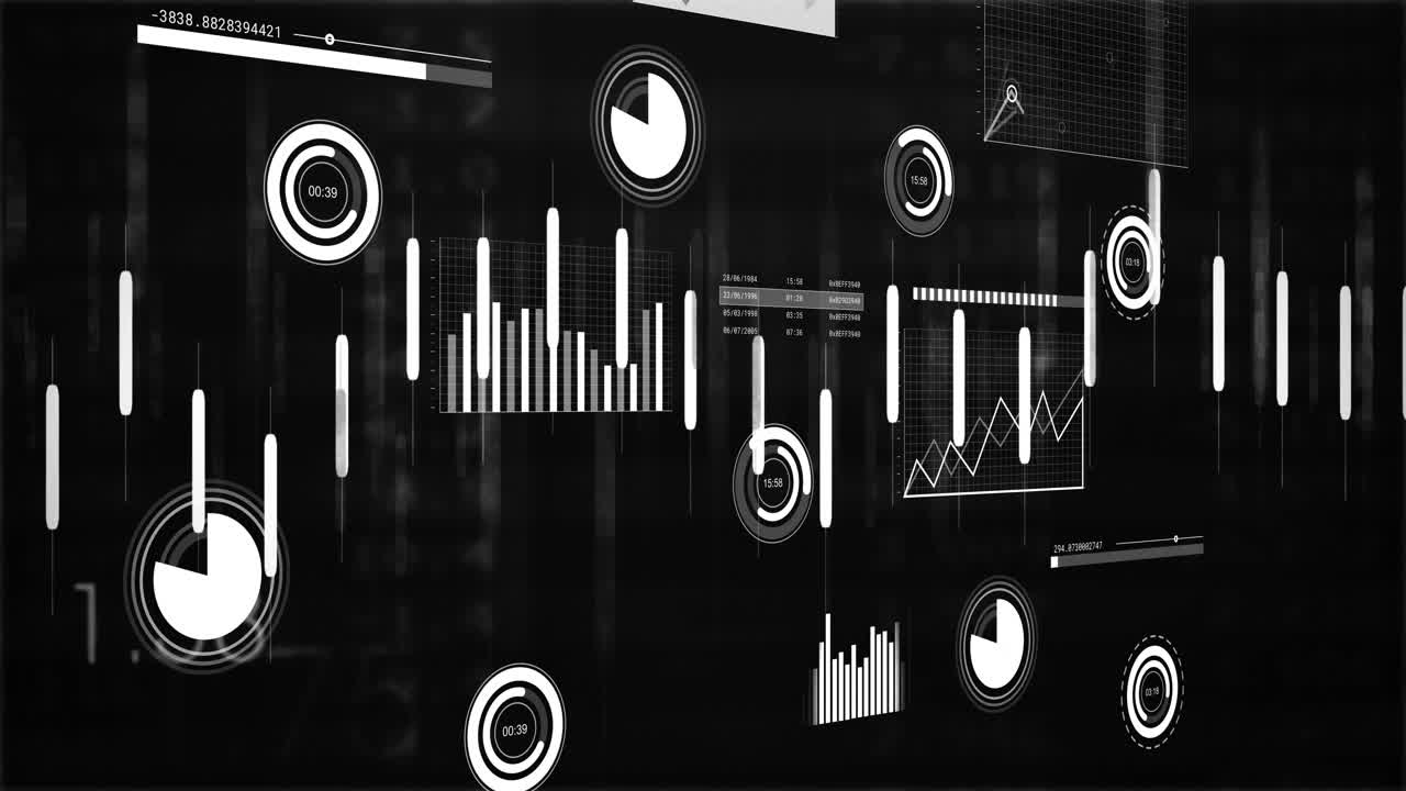 Line graph emerging from left sparking meters pulsing, panel charts animating for live data visuals
