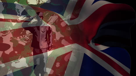 animation of british flag and soldier saluting over camouflage background