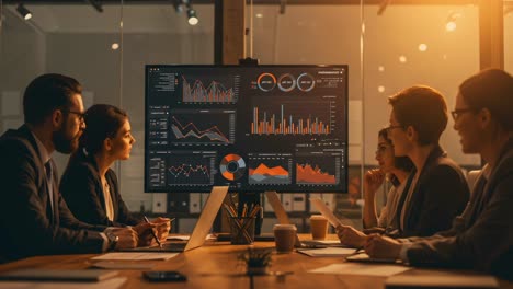 dynamic business meeting: professionals analyzing data visualizations on a screen, discussing strategies and analytics in a modern office environment