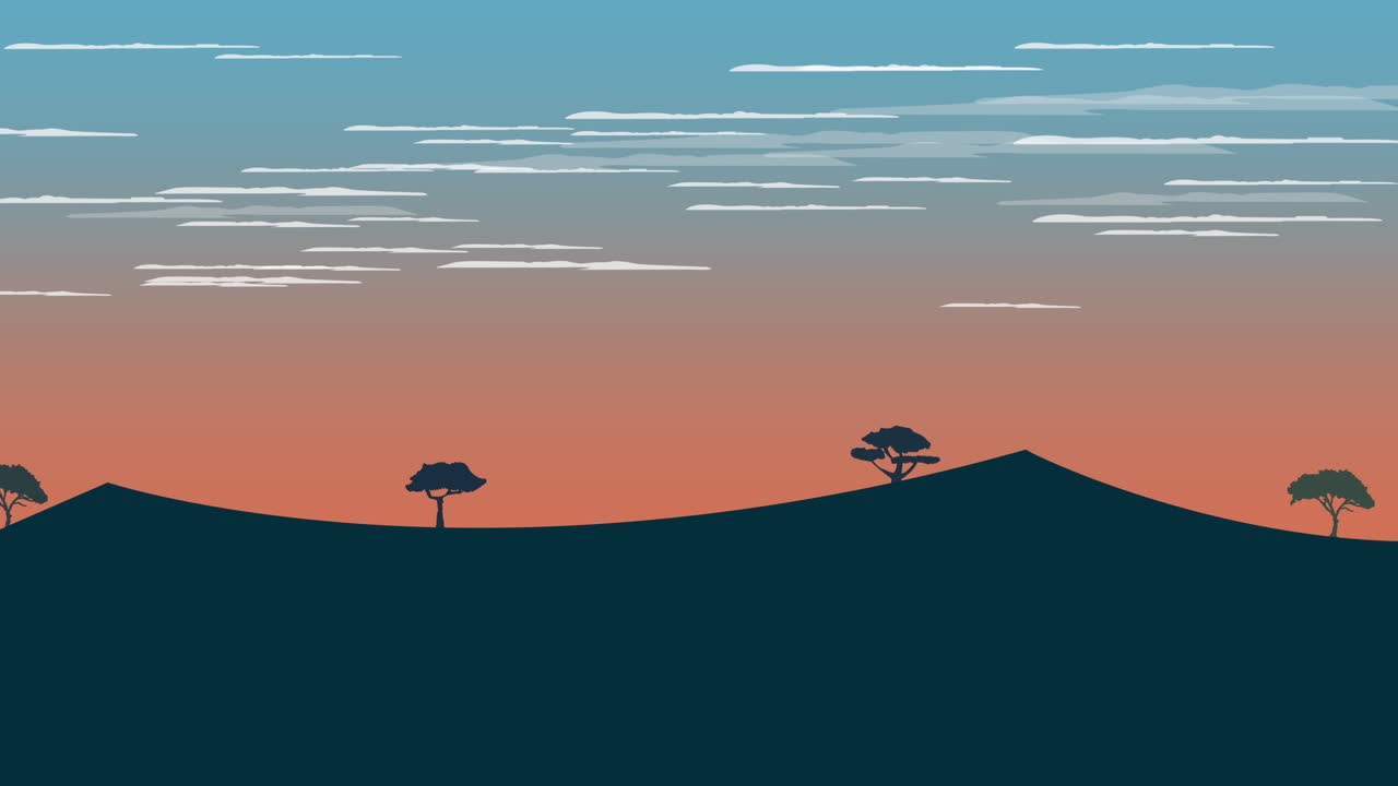 fondo de animación de dibujos animados con puesta de sol y montaña