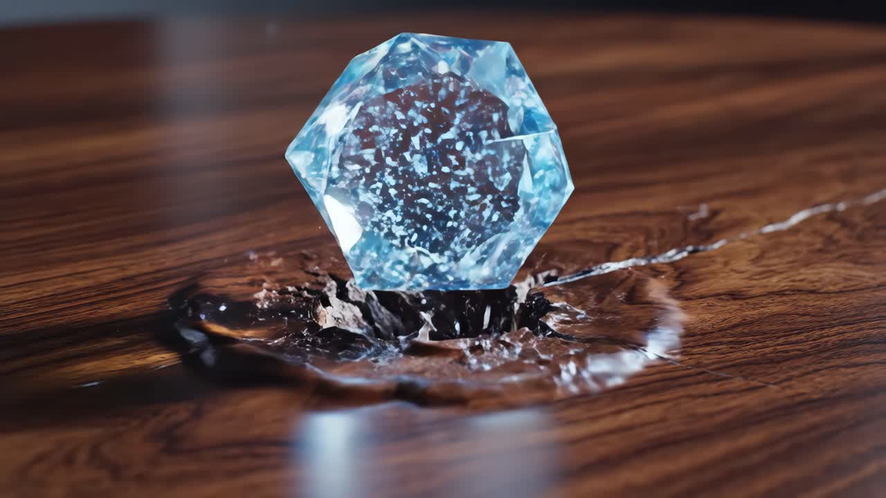 Melting Ice Crystal on a Wooden Table
