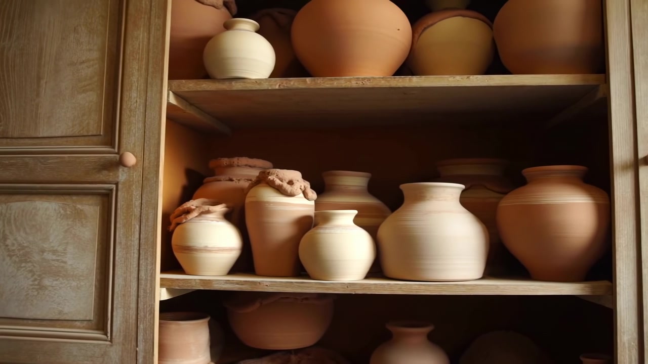 Vasos de Argila Feitos à Mão em Prateleiras de Madeira, Peças de Terracota e Cerâmica Dispostas Dentro de Armário Aberto, Aconchegante