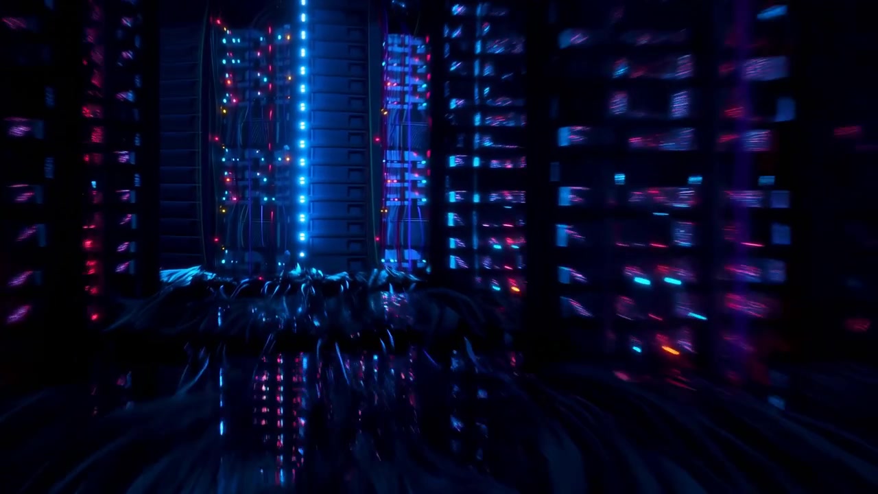 Vista a livello del pavimento lungo un corridoio di server che mostra cavi di rete densi e lucidi che si riversano sul pavimento riflettente verso armadi rack paralleli, rack in secondo piano