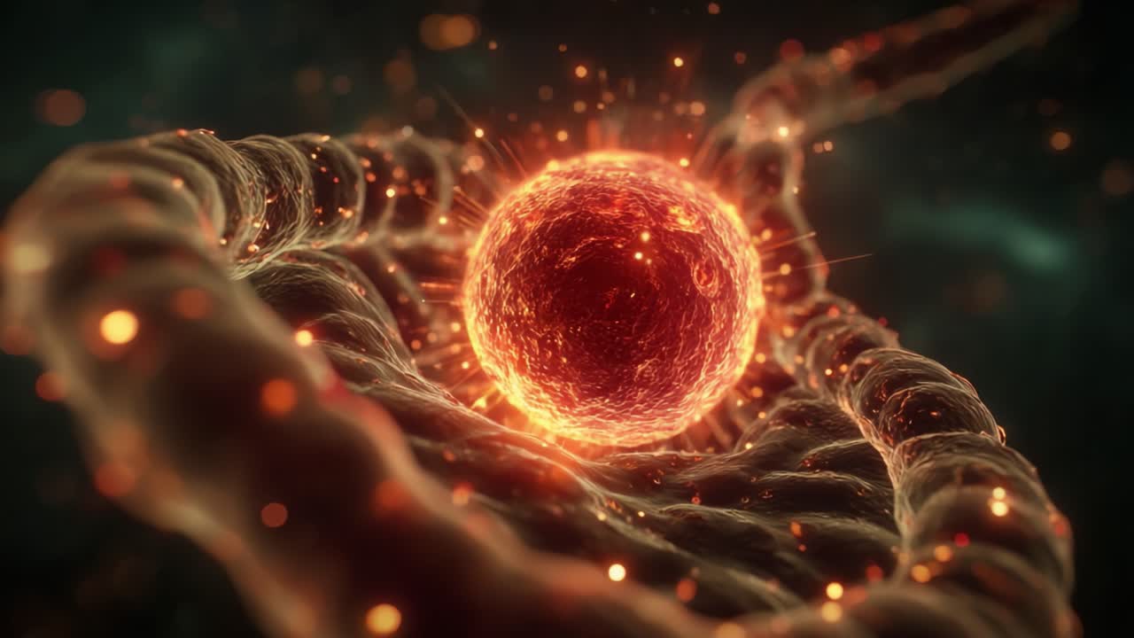 Explorando el viaje dinámico de una célula vibrante dentro de una estructura helicoidal compleja, iluminada por partículas luminosas en una impresionante representación visual
