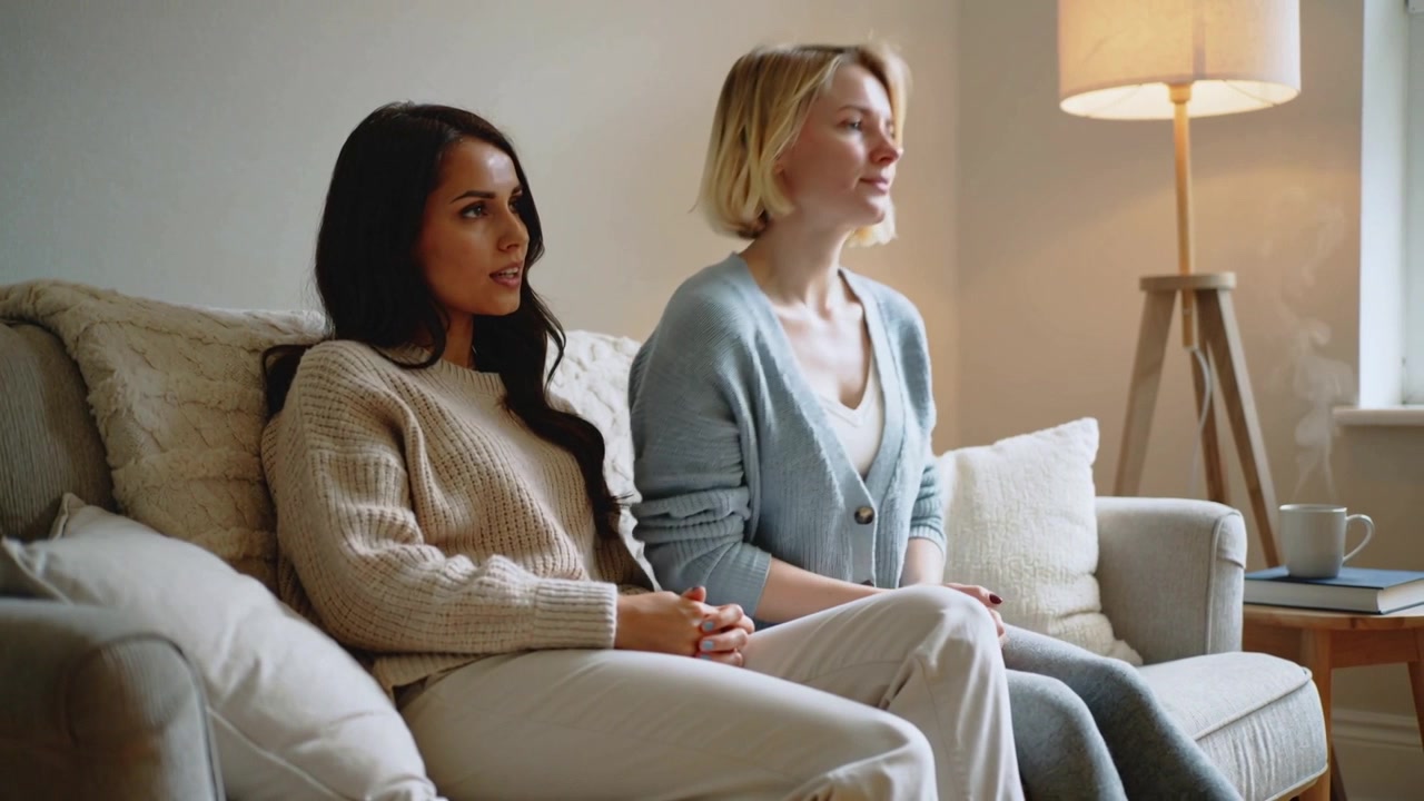 Kvinder sidder på sofaen og reagerer på en usynlig anvisning, blondine i blå cardigan gestikulerer, lampe, krus.