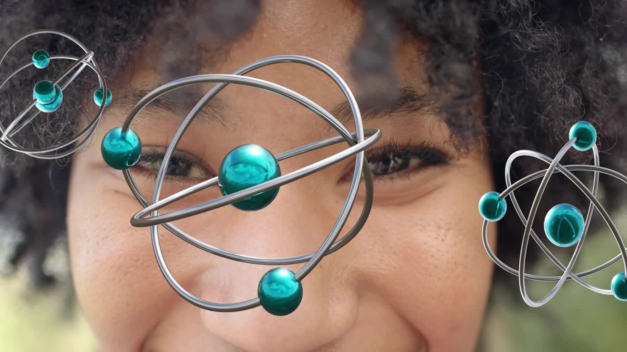 Woman closing eyes with teal orbs appearing and rotating causing eyes opening and smiling for tech