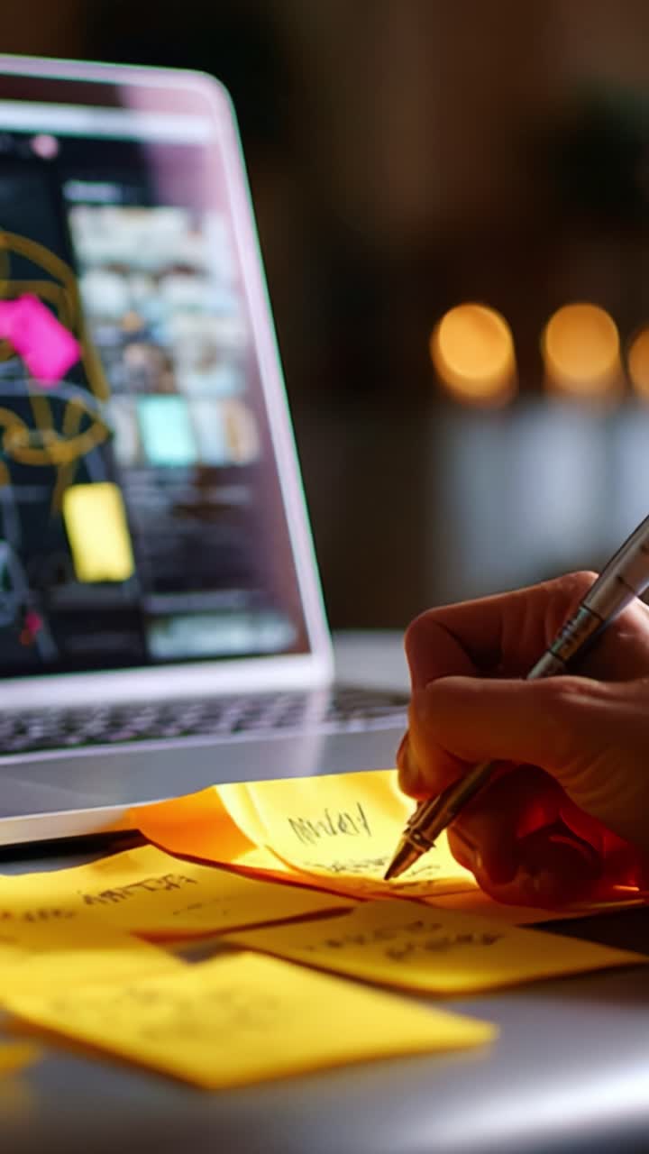 Focused individual organizing ideas on sticky notes while referencing a digital screen during a creative brainstorming session on a laptop in a cozy environment