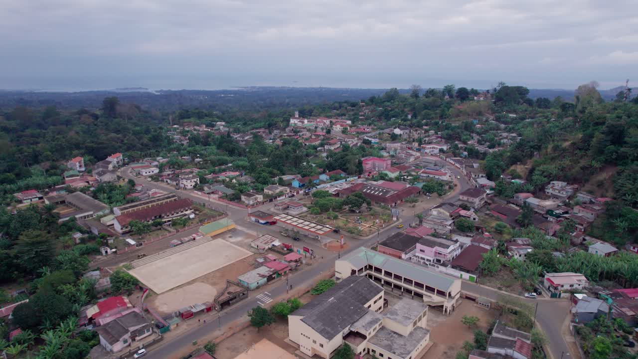 Aerial view of São Tomé Countryside with buildings and roads in São Tomé and Principe