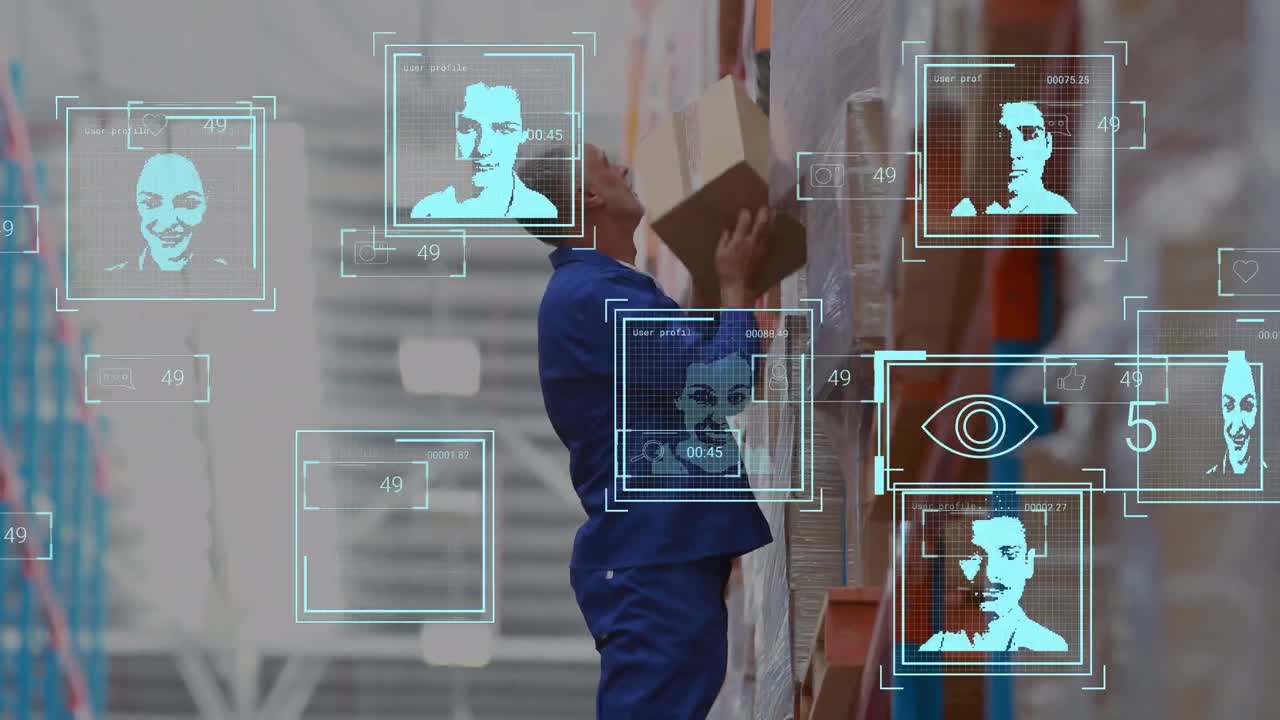 Digital interface with data processing against over mid section of businesspeople shaking hands at o