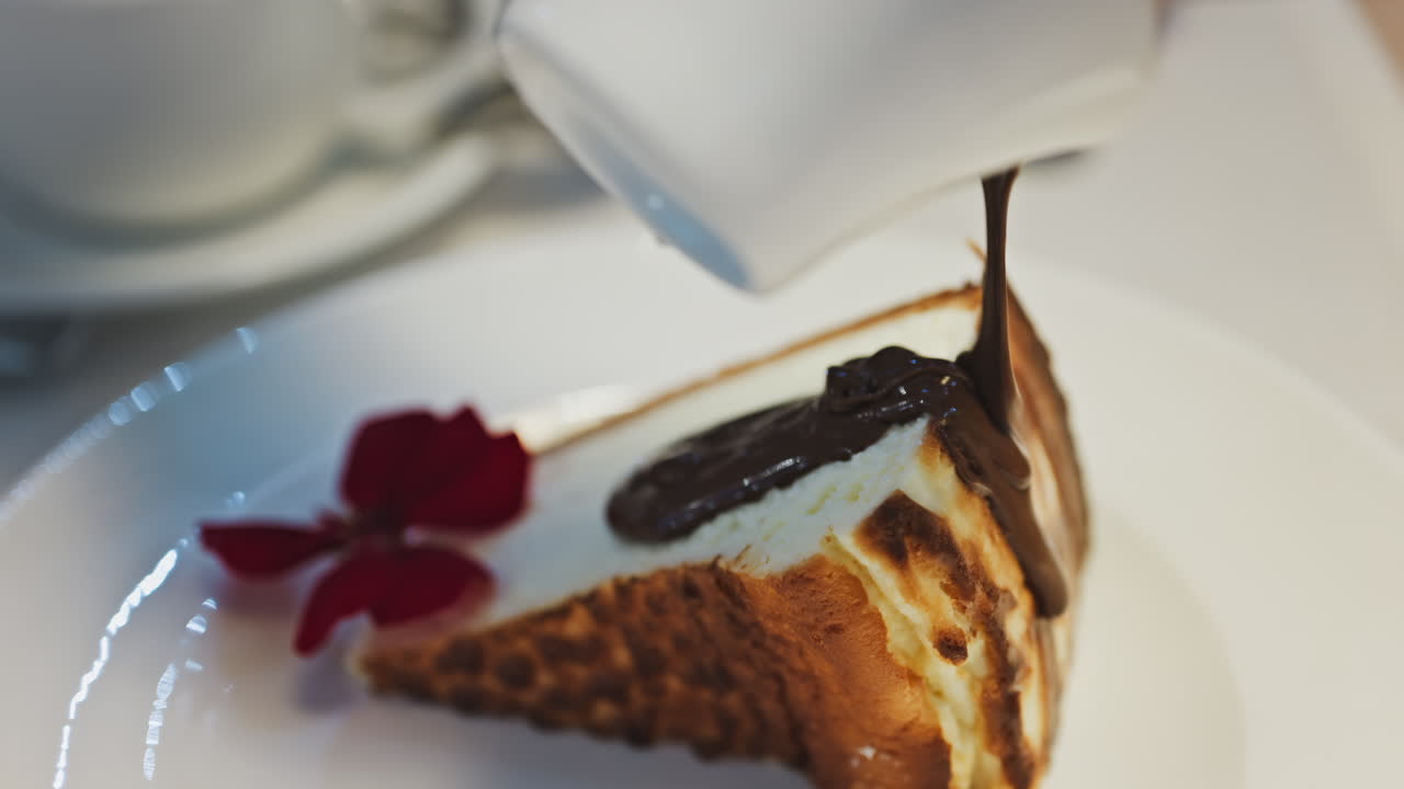 Close up of chocolate pouring on a slice of cheesecake on a white plate