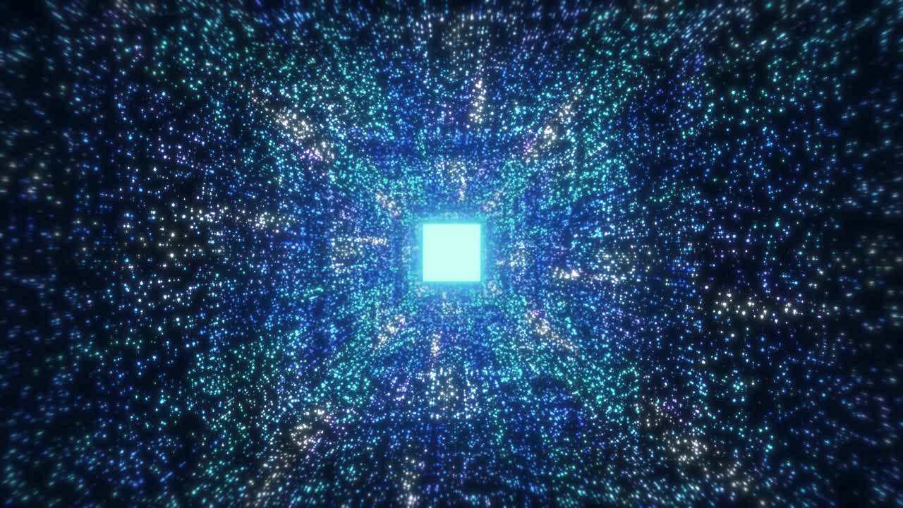 Concetto di tecnologia futuristica astratta con particelle luminose ed elementi di IA su sfondo blu.