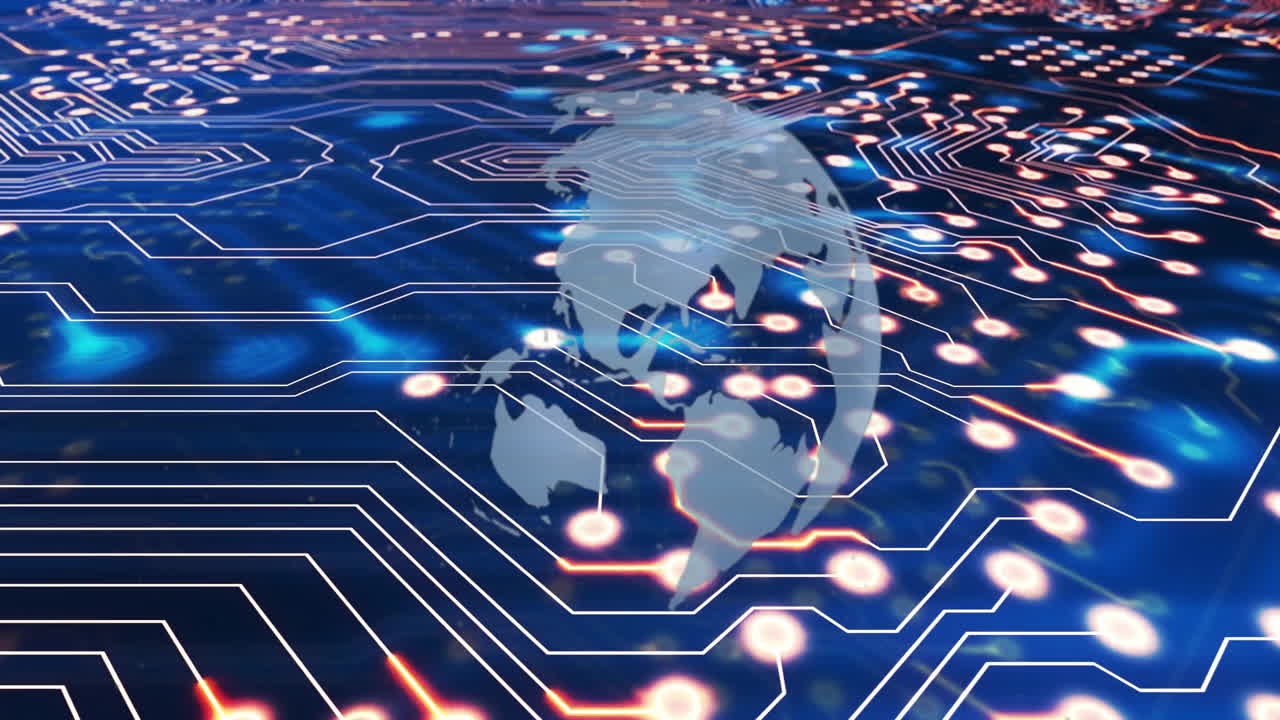 Circuit board with glowing nodes and world map animation