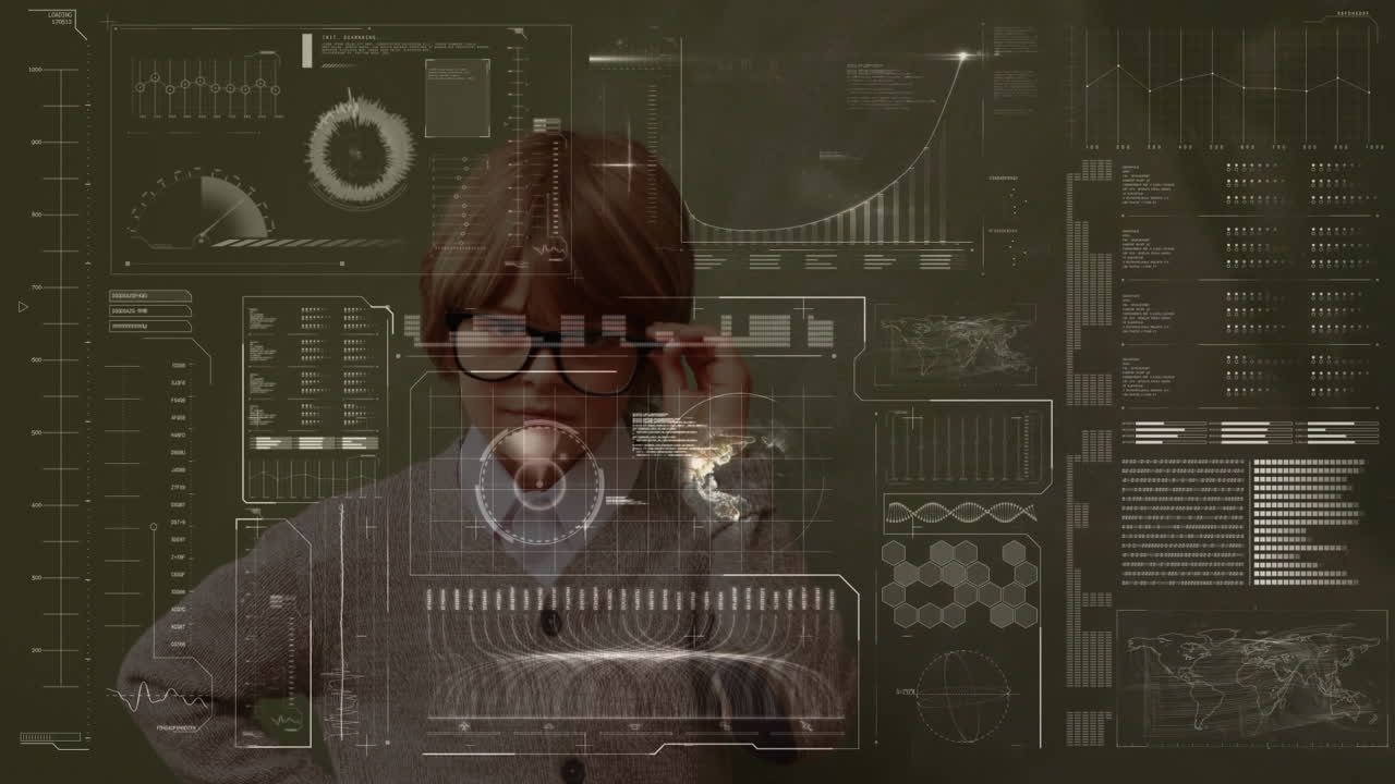 Animation of a boy wearing glasses over statistics showing in the background