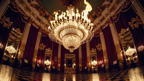 a grand palace ballroom with a burning chandelier