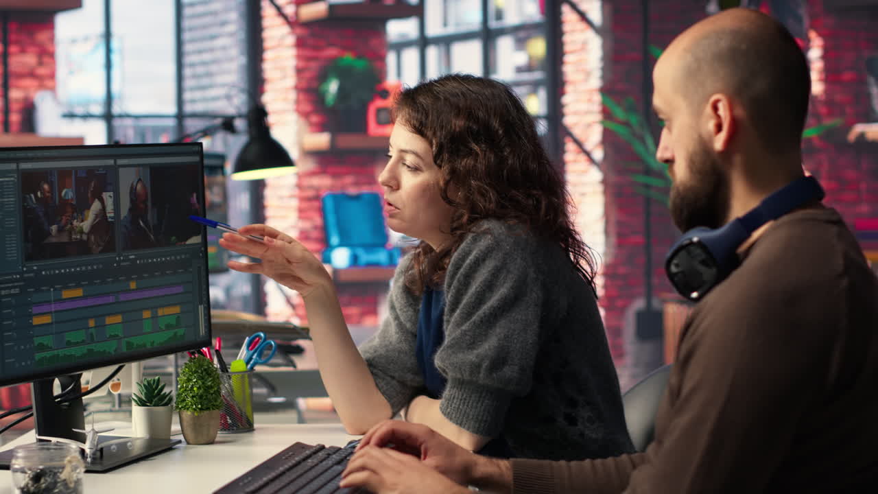 Man and woman filmmakers editing video shoot in post production