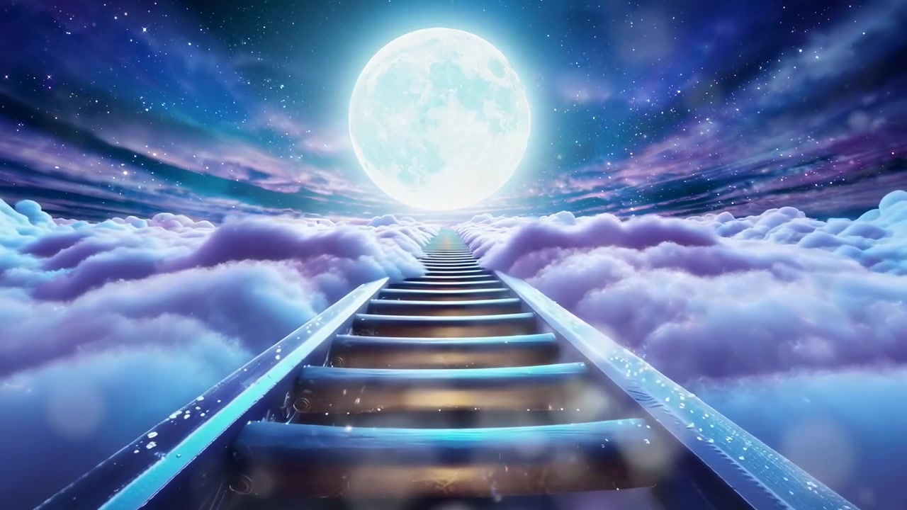 Surreal Stairway Leading to a Glowing Full Moon Above Clouds