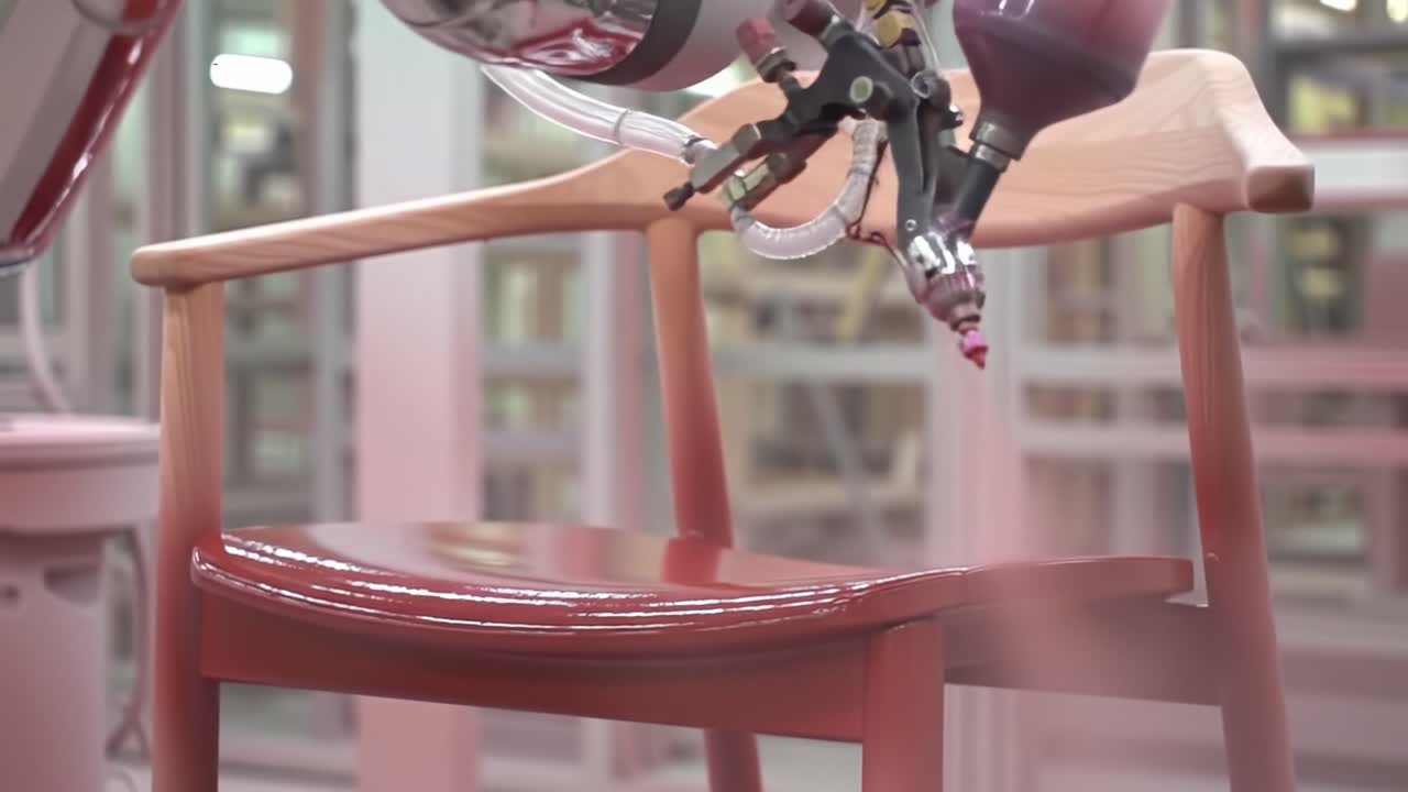 Automated Painting Process of a Stylish Wooden Chair in a Modern Workshop: Precision Spraying Techniques Deliver a Flawless Finish and Vibrant Color