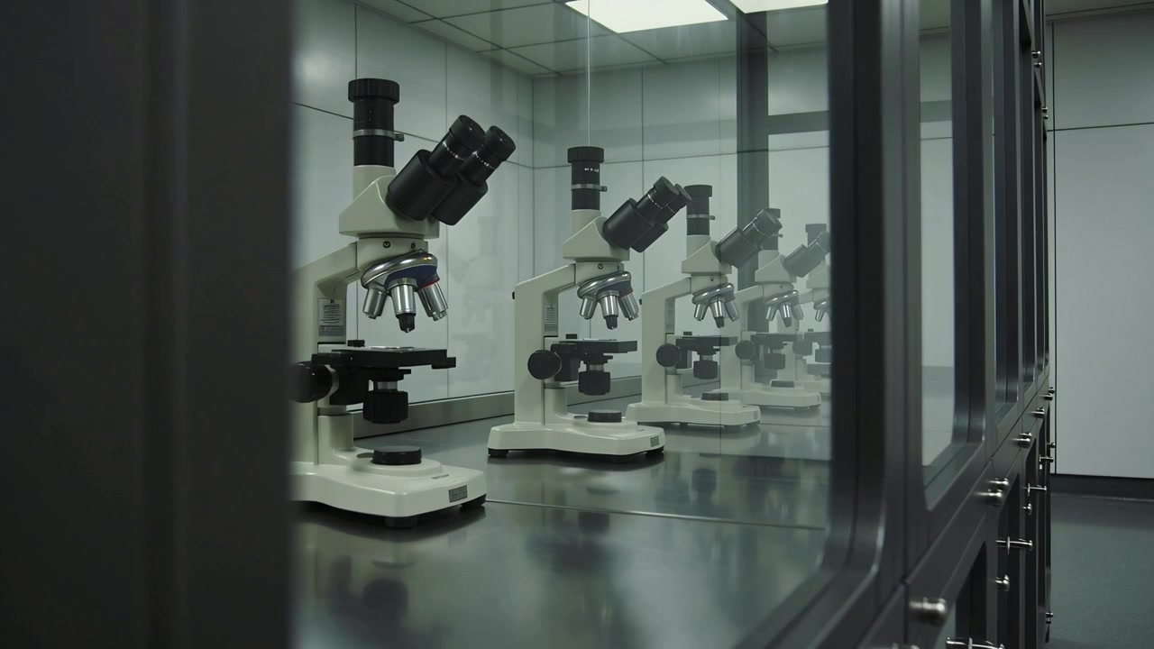 Pulling back camera revealing white microscopes in glass cabinet, showing mirrored back for display