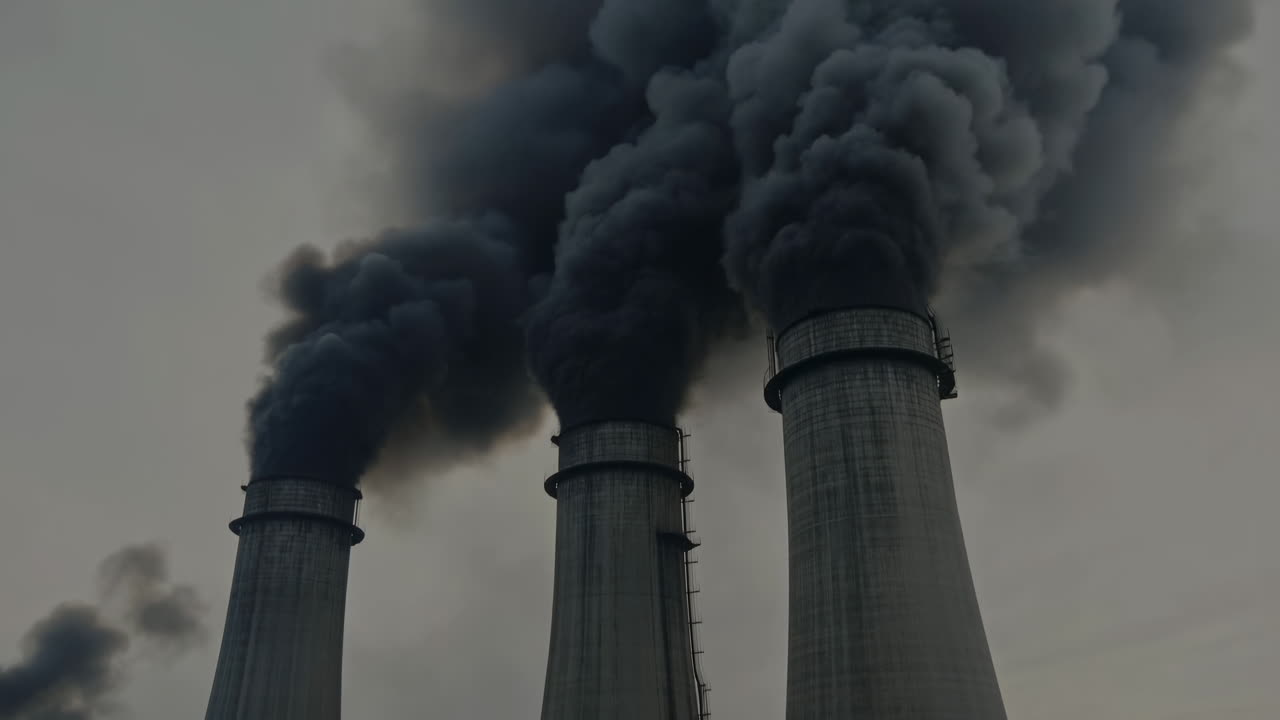 Tre ciminiere di cemento che eruttano fumo nero, pesanti pennacchi scuri si innalzano nel cielo coperto in un'area industriale.