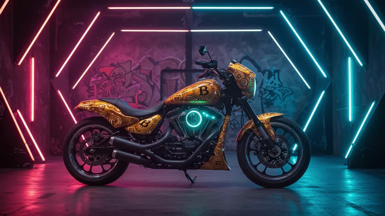 Stunning Custom Motorcycle Showcased in Neon-Lit Urban Setting with Artistic Graffiti Background, Capturing Unique Design and Vibrant Colors
