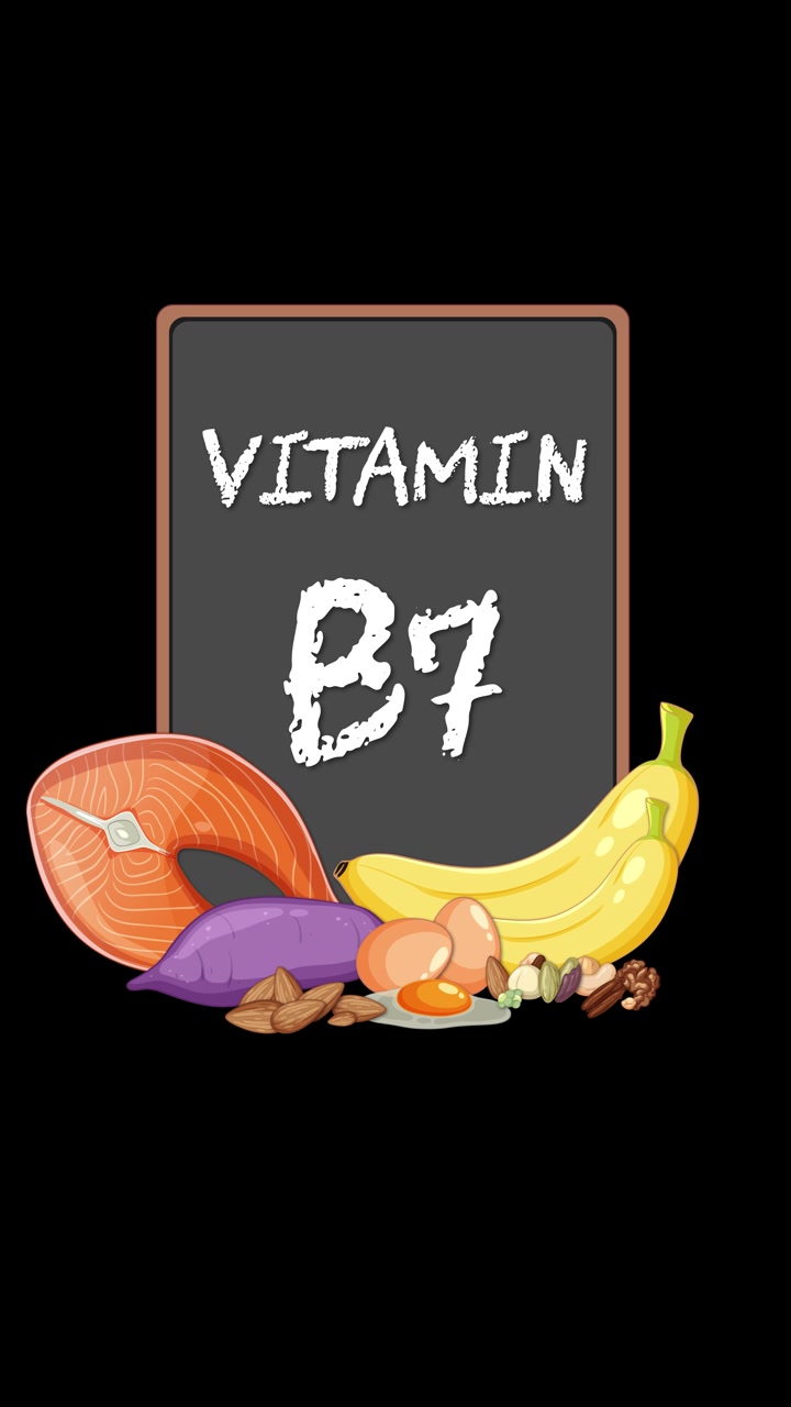 Blackboard labeled Vitamin B7 surrounded by illustrated salmon, banana, nuts, sweet potato, and egg