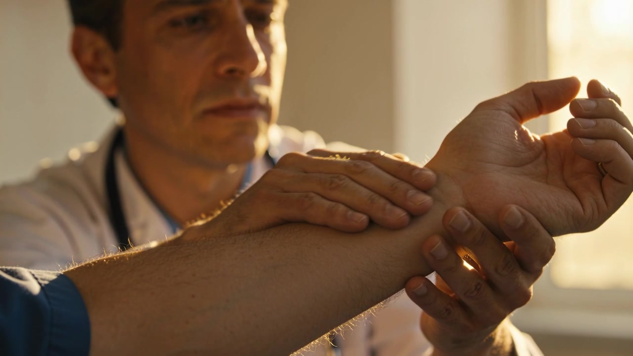 Paziente che estende il braccio mentre il medico in camice gli palpa il polso in clinica, controllando il battito con lo stetoscopio.