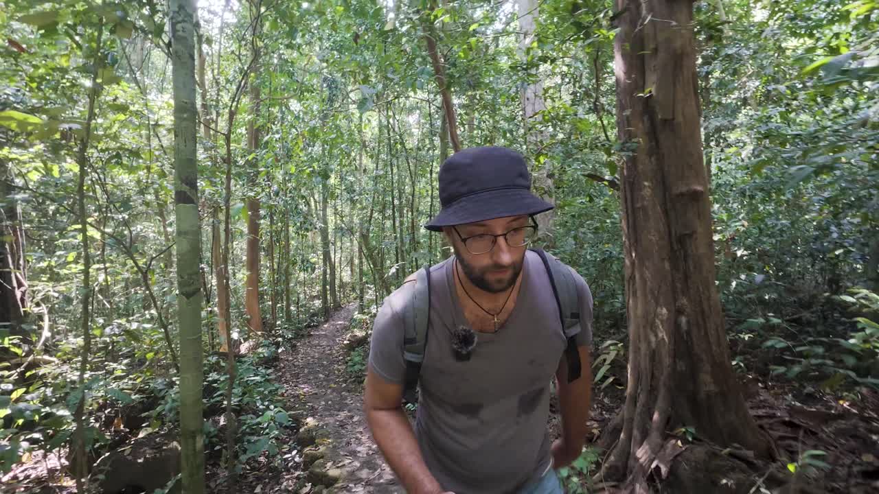 Remote wilderness, hiking travel, tropical discovery, young man solitude