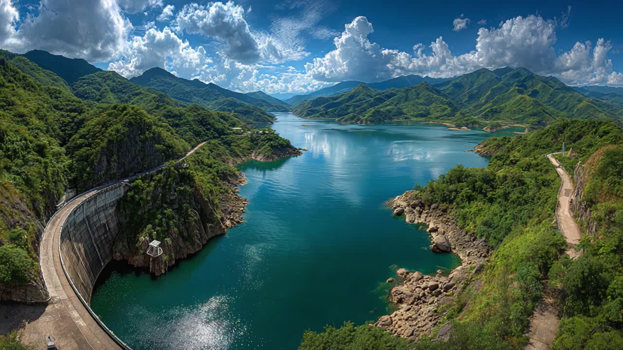 Breathtaking Panoramic View of a Serene River Bending Through Lush Green Hills Under a Brilliant Blue Sky Filled with Fluffy White Clouds